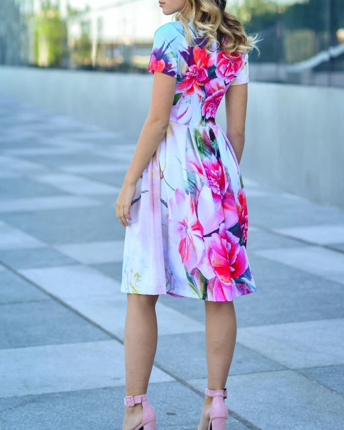 Vacation elegant floral printed waist mini dress 533a