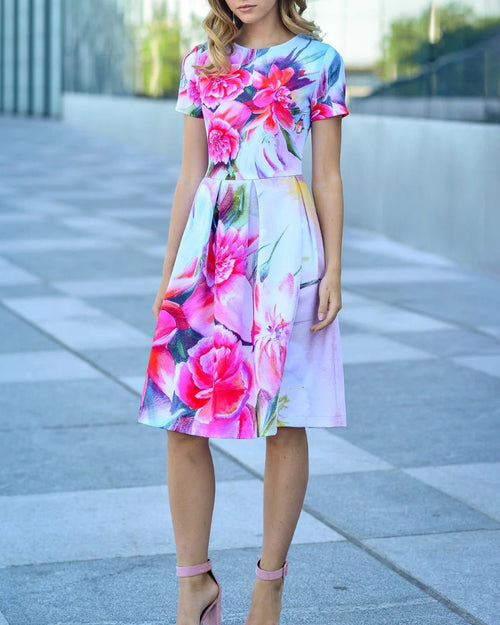 Vacation elegant floral printed waist mini dress 533a