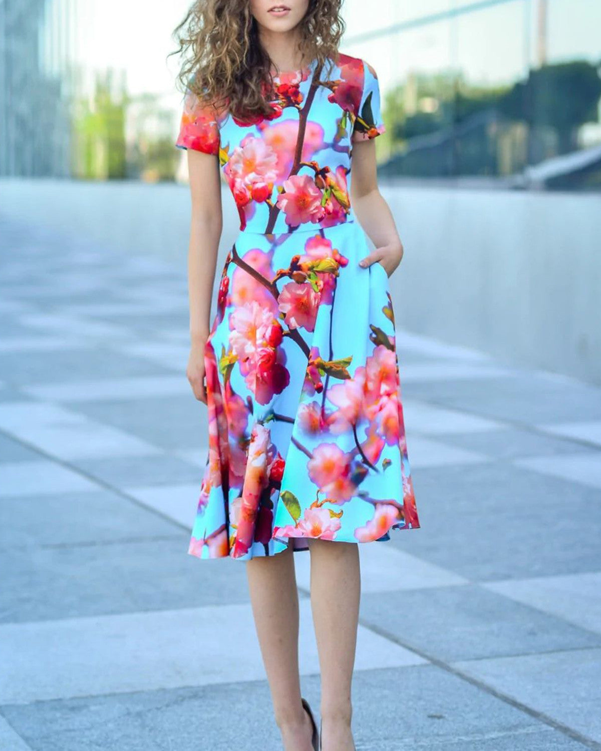 Vacation elegant floral printed waist mini dress 0dfd
