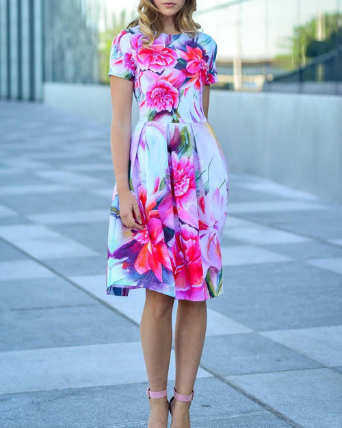 Vacation elegant floral printed waist mini dress 533a
