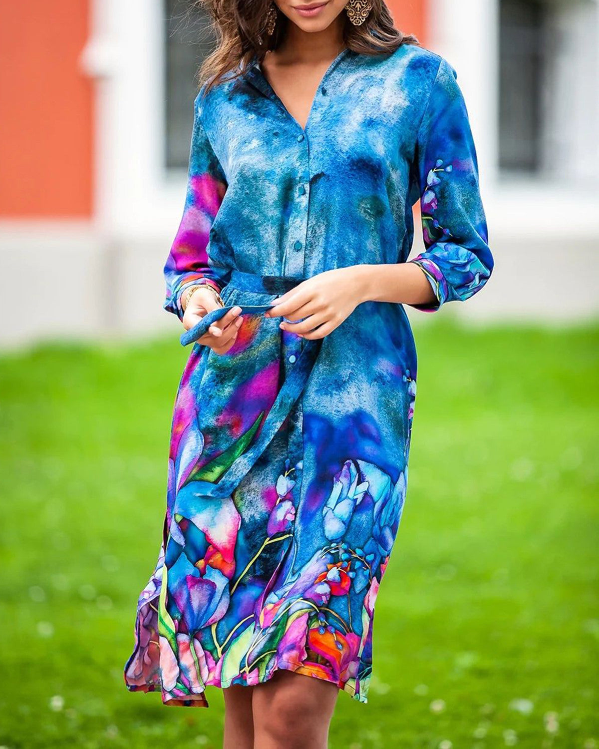 Vacation elegant floral printed waist mini dress 7379