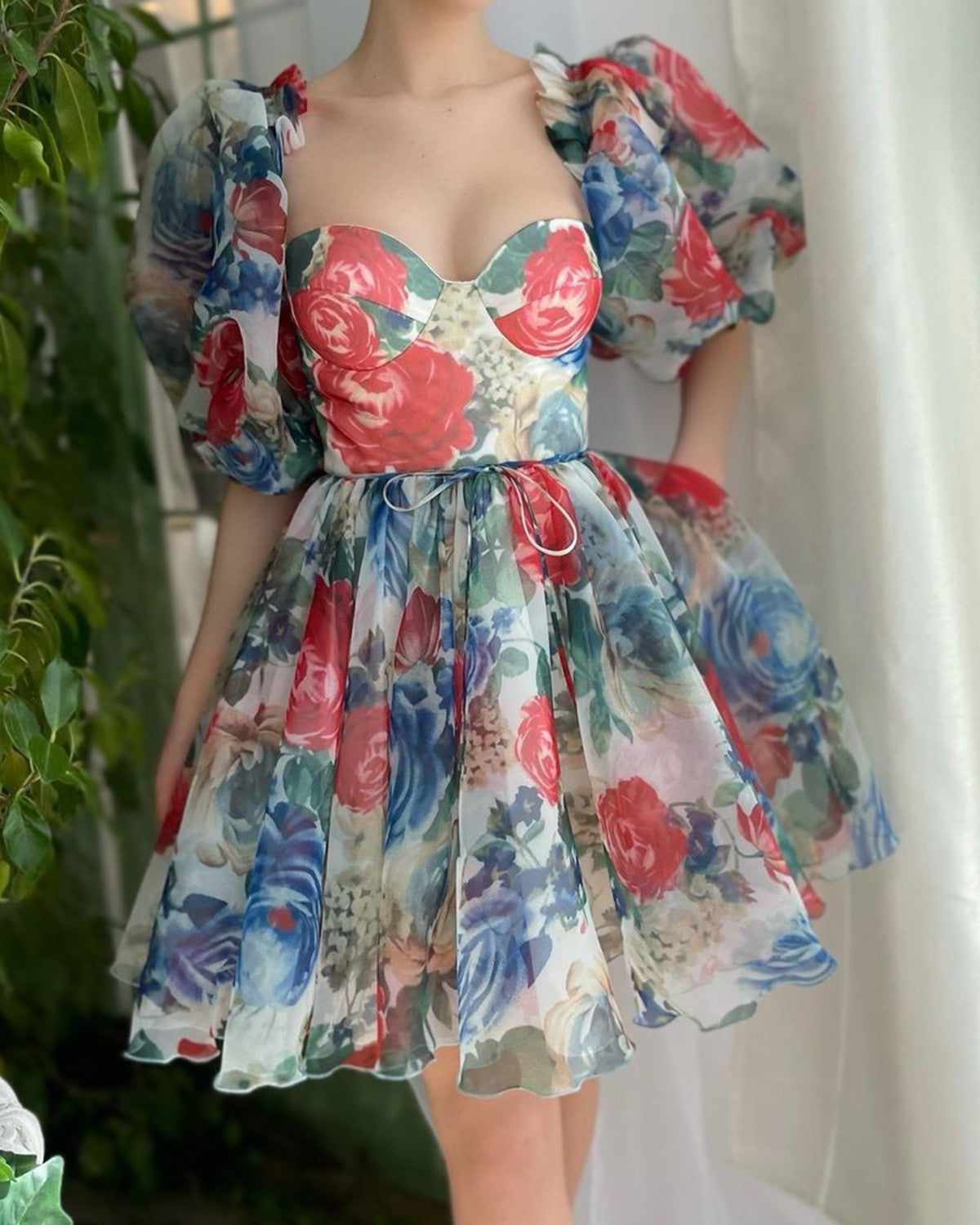 Elegant waist printed party mini dress 17b3