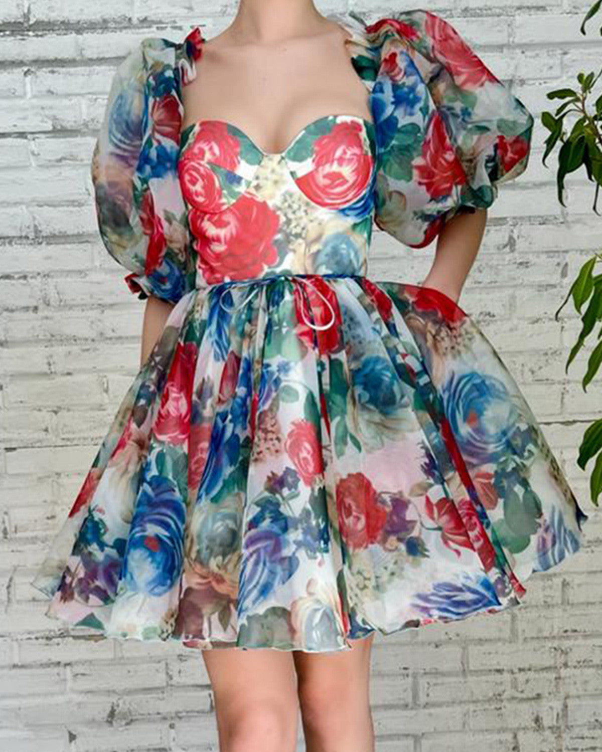 Elegant waist printed party mini dress 17b3