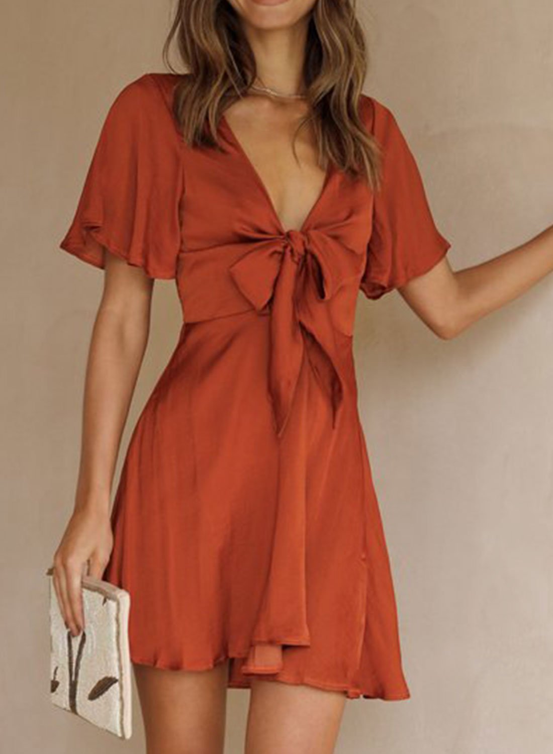 Women's Mini Dress Solid Satin Knot Front Dress