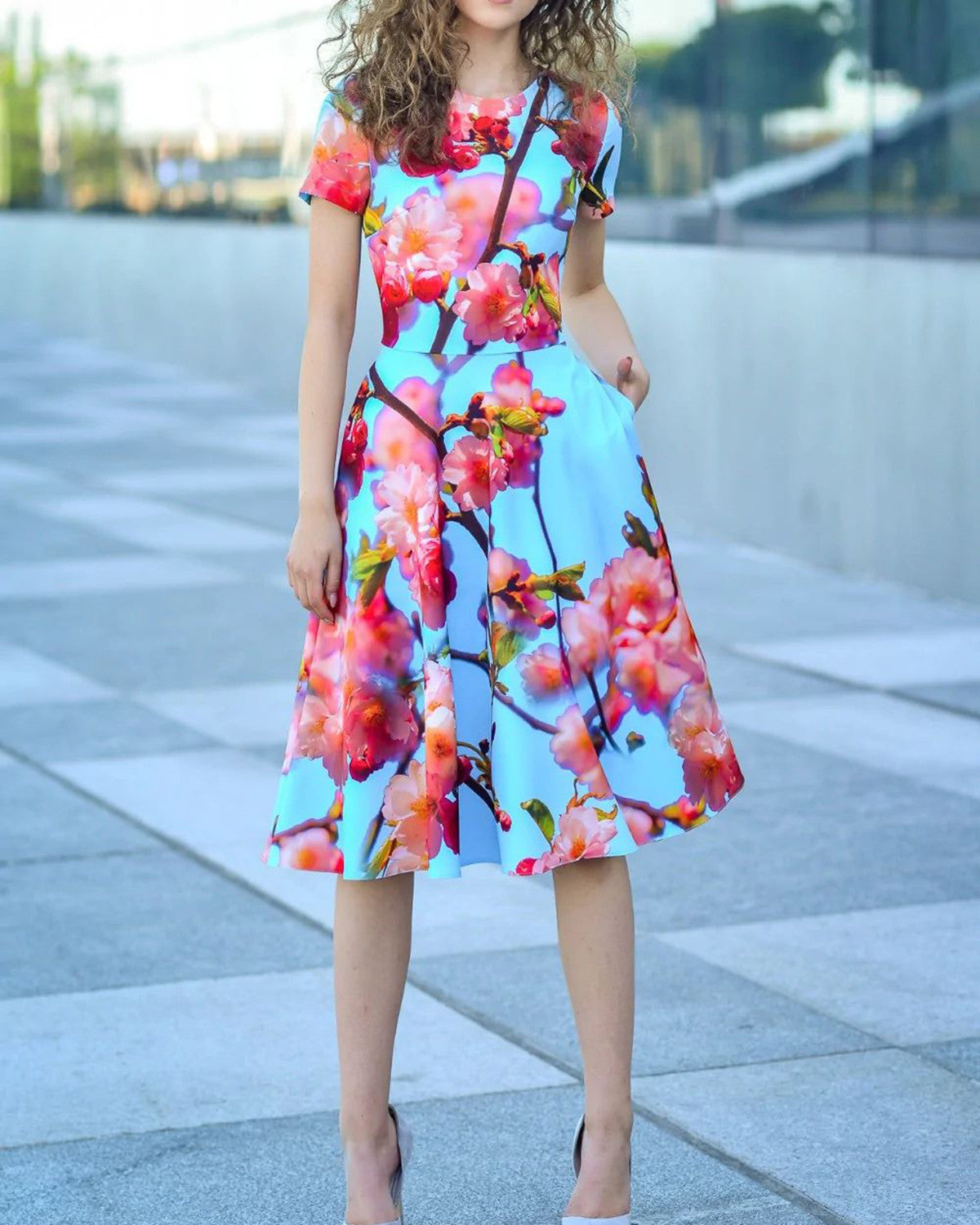 Vacation elegant floral printed waist mini dress 0dfd