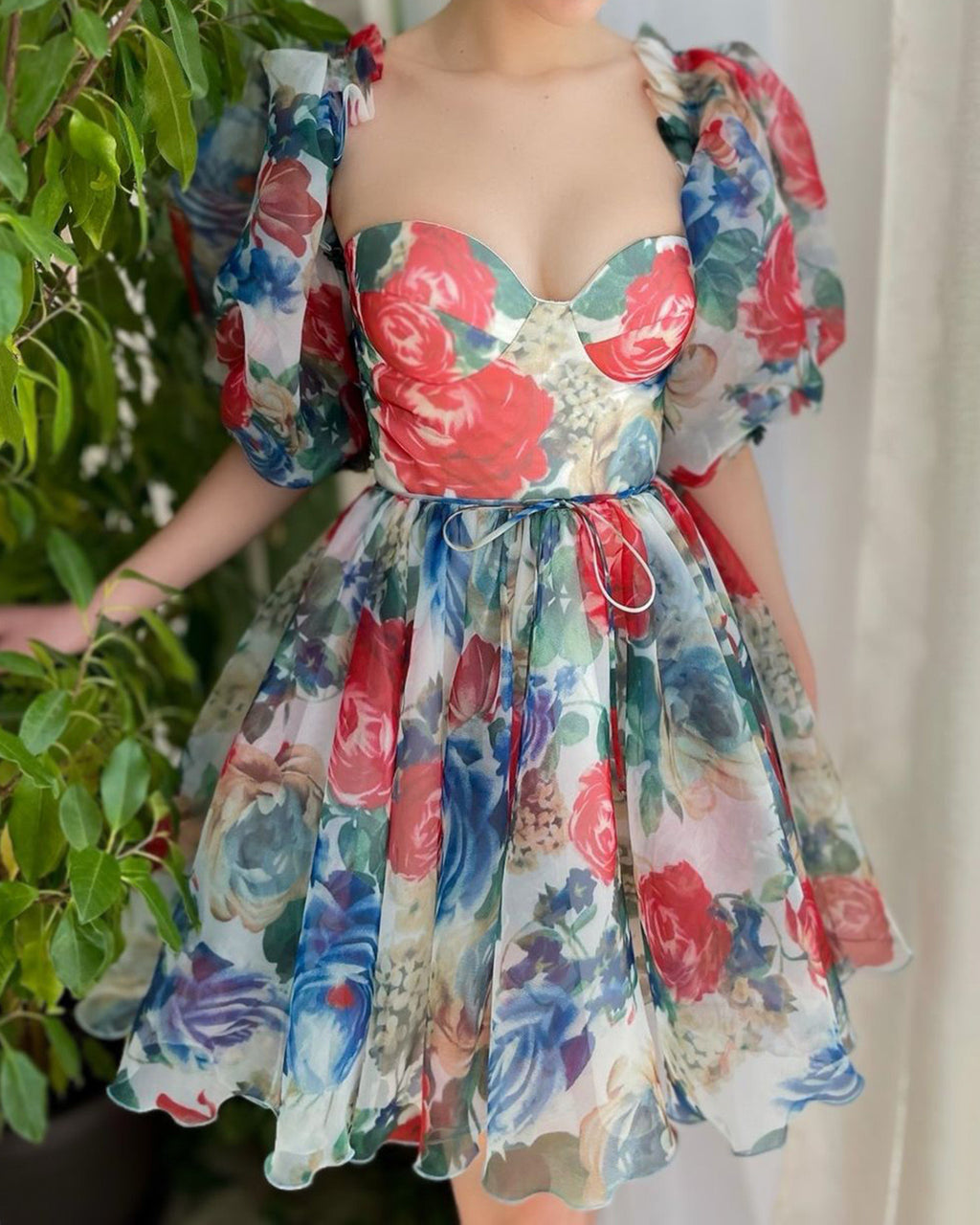 Elegant waist printed party mini dress 17b3