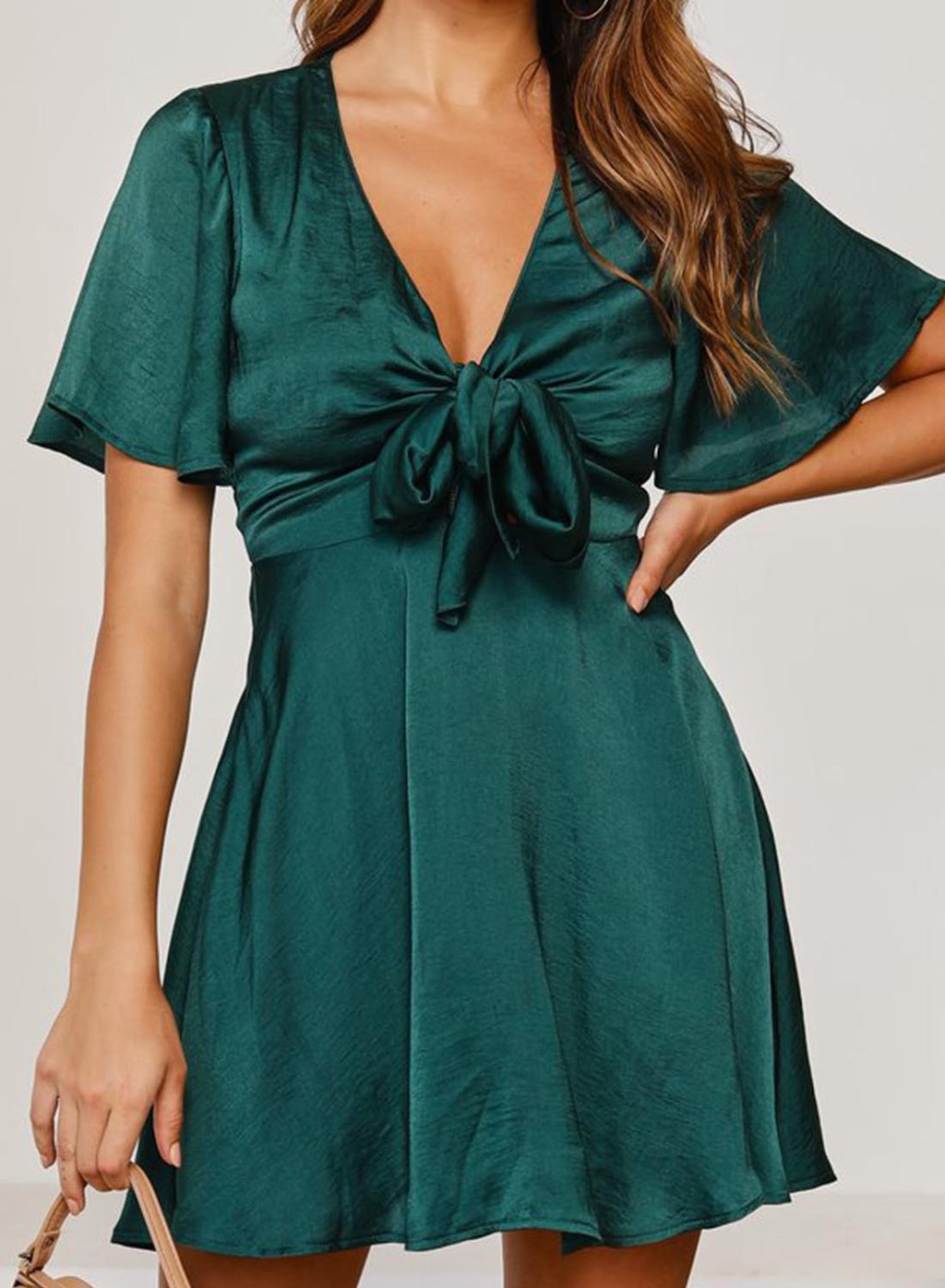 Women's Mini Dress Solid Satin Knot Front Dress