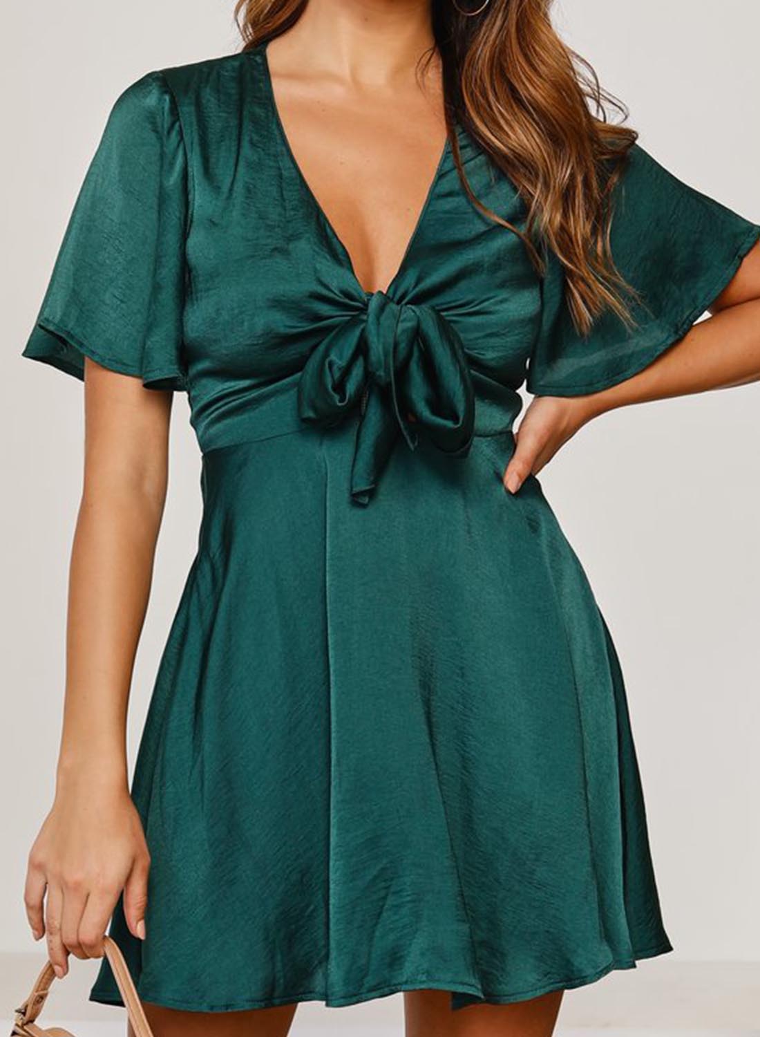 Women's Mini Dress Solid Satin Knot Front Dress