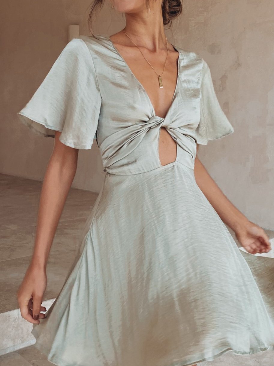 Women's Mini Dress Solid Satin Knot Front Dress