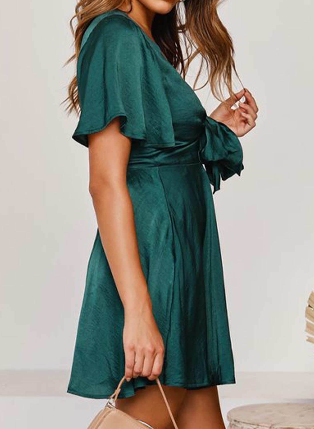Women's Mini Dress Solid Satin Knot Front Dress